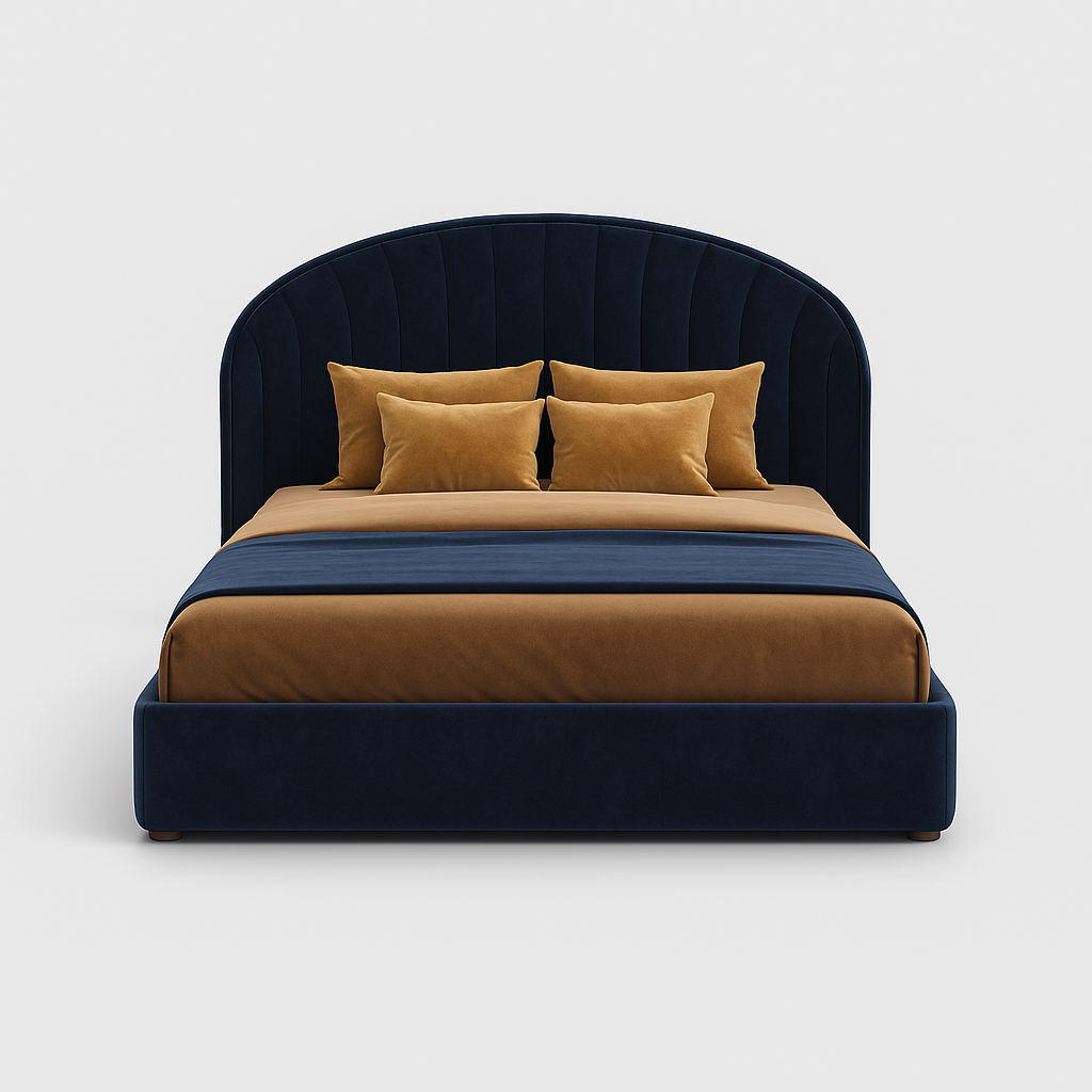 Velora Super King Bed in navy blue velvet with curved headboard and caramel bedding – The Meem Store