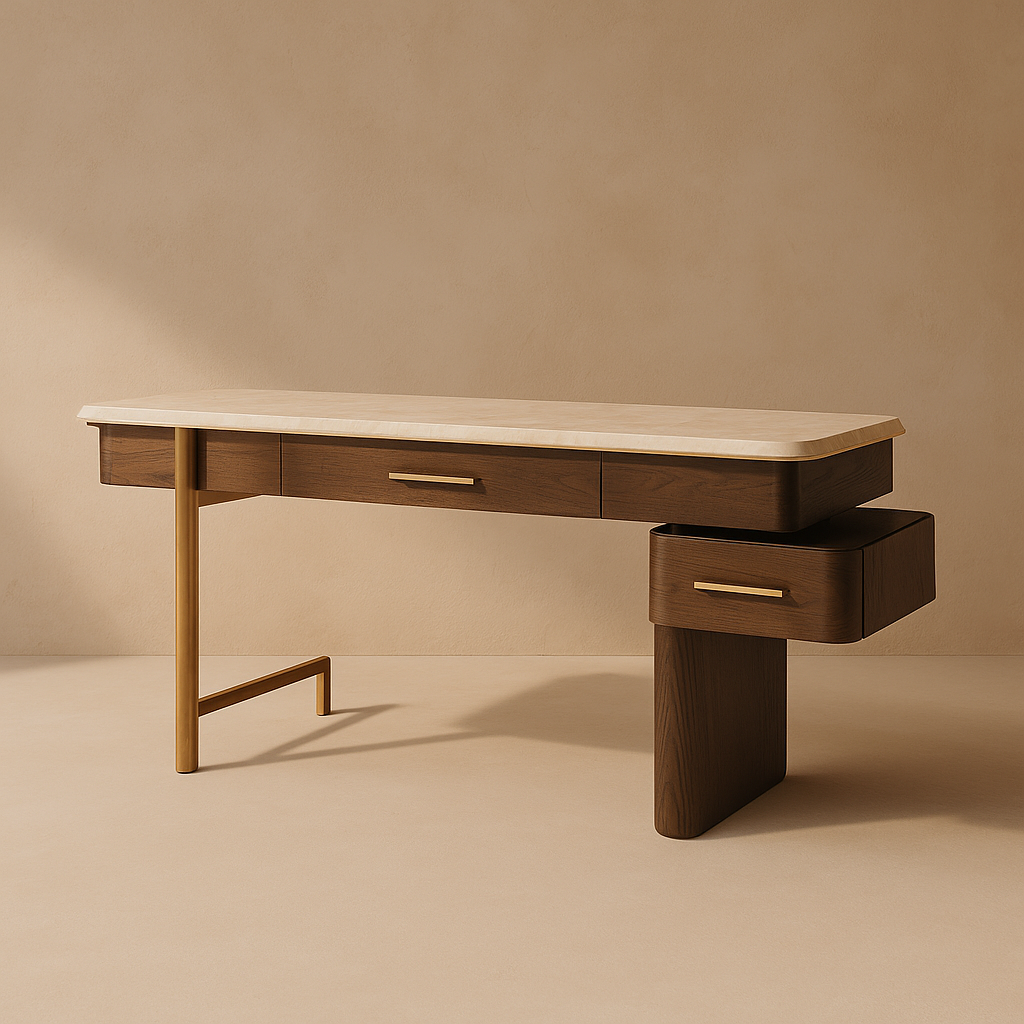 Ardénza Executive Desk with beige travertine marble top, walnut body, and brass accents – The Meem Store