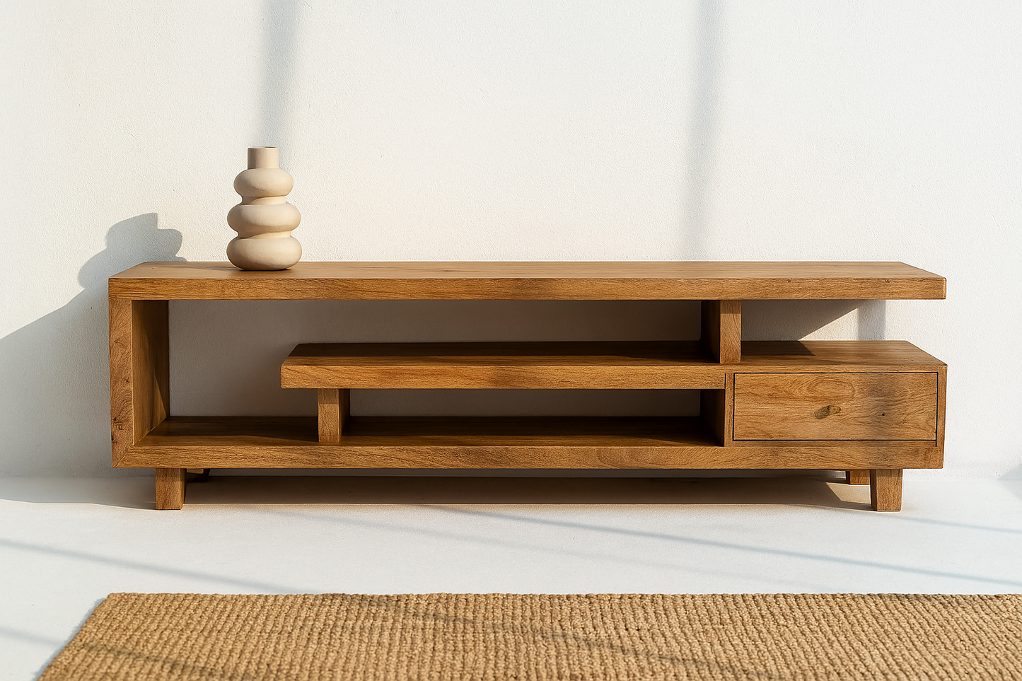 Ardiano Solid Wood Media Console in natural honey finish with asymmetrical shelves – The Meem Store