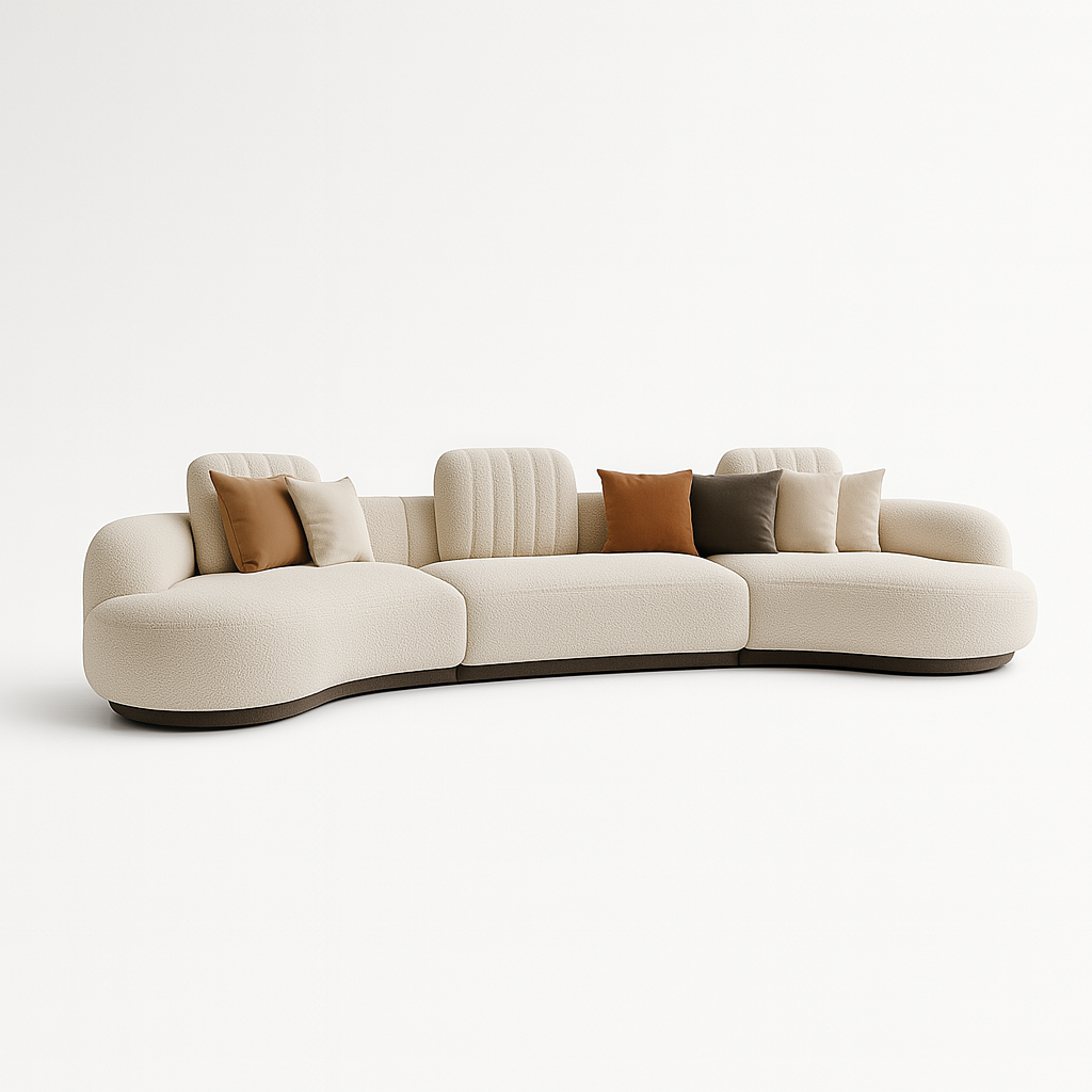 Arvella curved sectional sofa in ivory boucle fabric with espresso wood base – The Meem Store