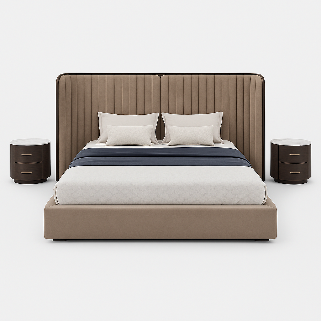 Aurelio Super King Bed in taupe fabric with espresso nightstands – The Meem Store