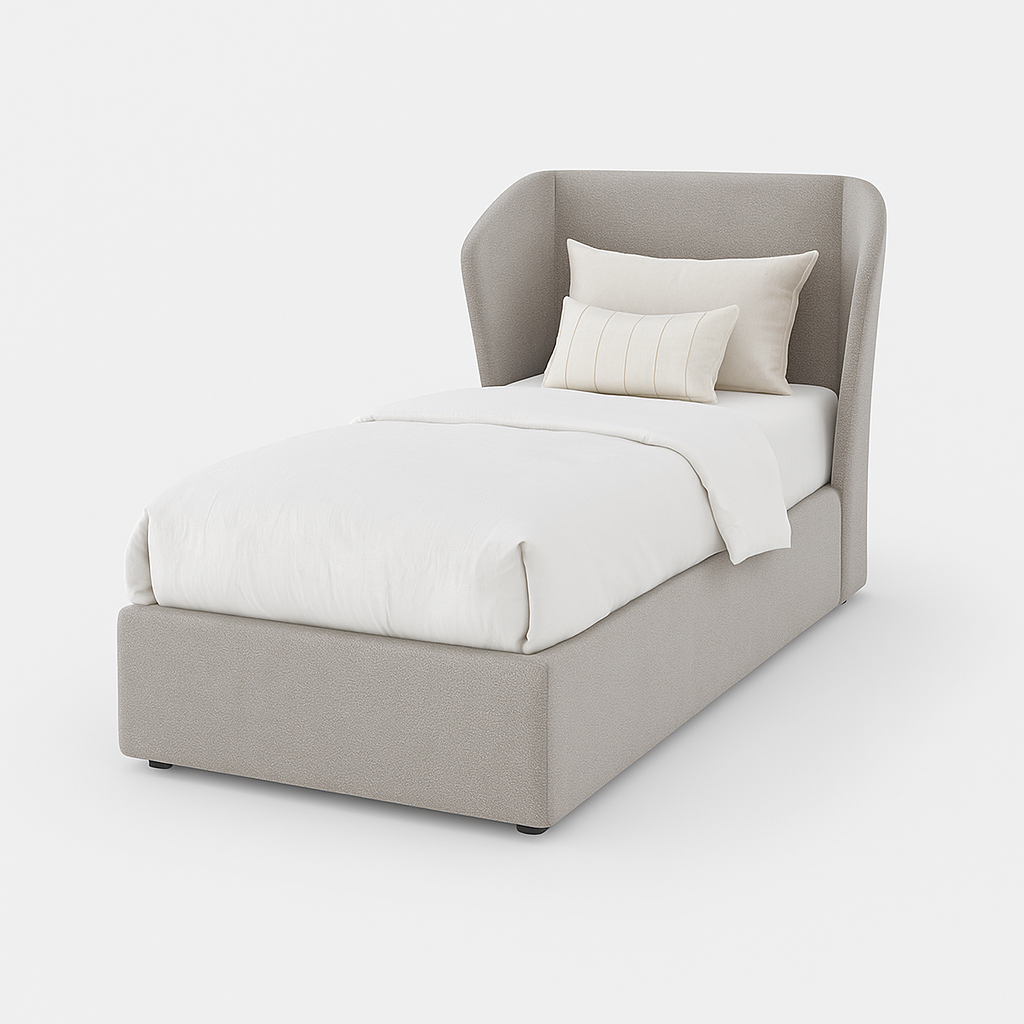 Ava single bed in sand beige fabric with curved wingback headboard, 90 × 190 cm – The Meem Store