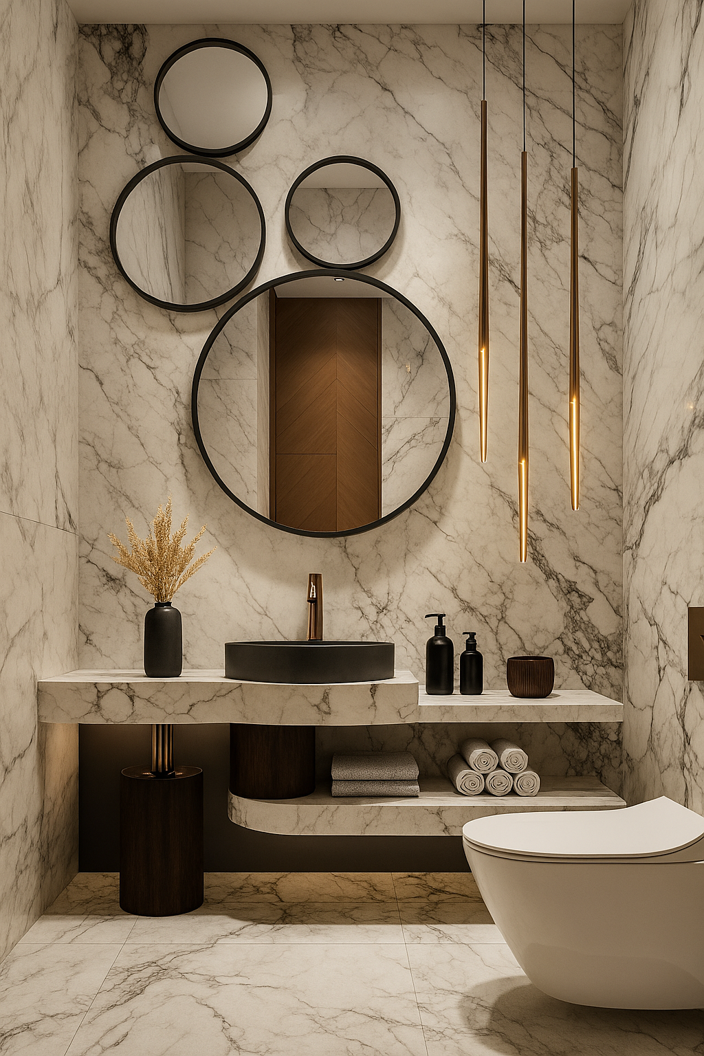 Floating marble vanity with matte charcoal basin, layered circular mirrors, and warm lighting in a modern luxury bathroom.