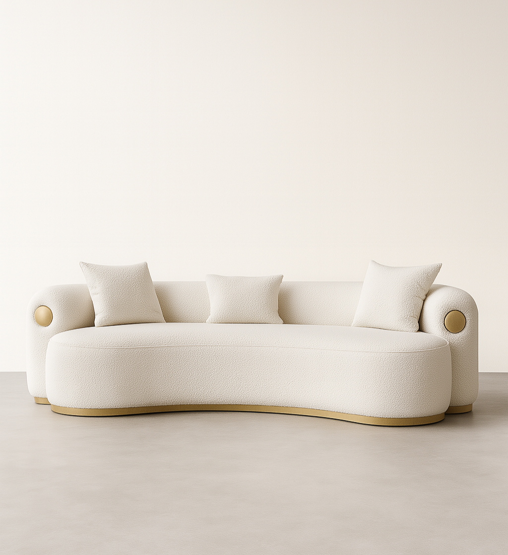 Bellagio 3-seater sofa in ivory boucle with metallic brass base and arm caps – The Meem Store