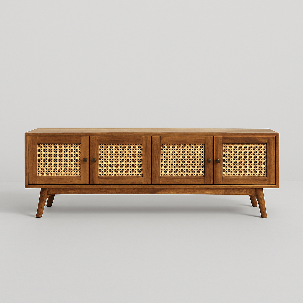 Cavallo Cane Media Console with walnut veneer frame and woven rattan doors – The Meem Store