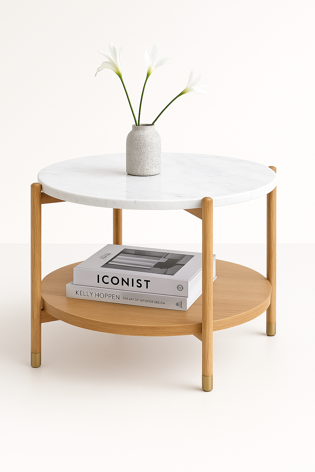 Elara Coffee Table with white marble top, oak frame, and brushed brass metal legs – The Meem Store