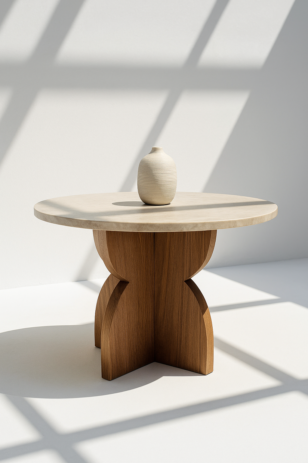 Elaris Dining Table with beige marble top and sculpted oak base – The Meem Store