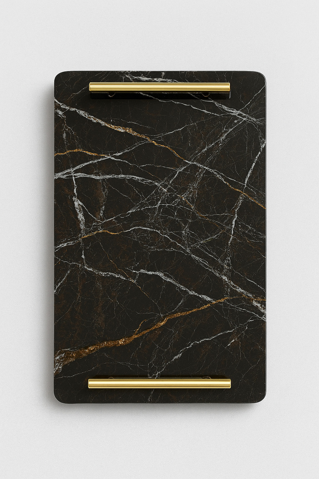 Black porcelain tray with gold handles and marble-effect veining — Fayruz Obsidian Tray by The Meem Store