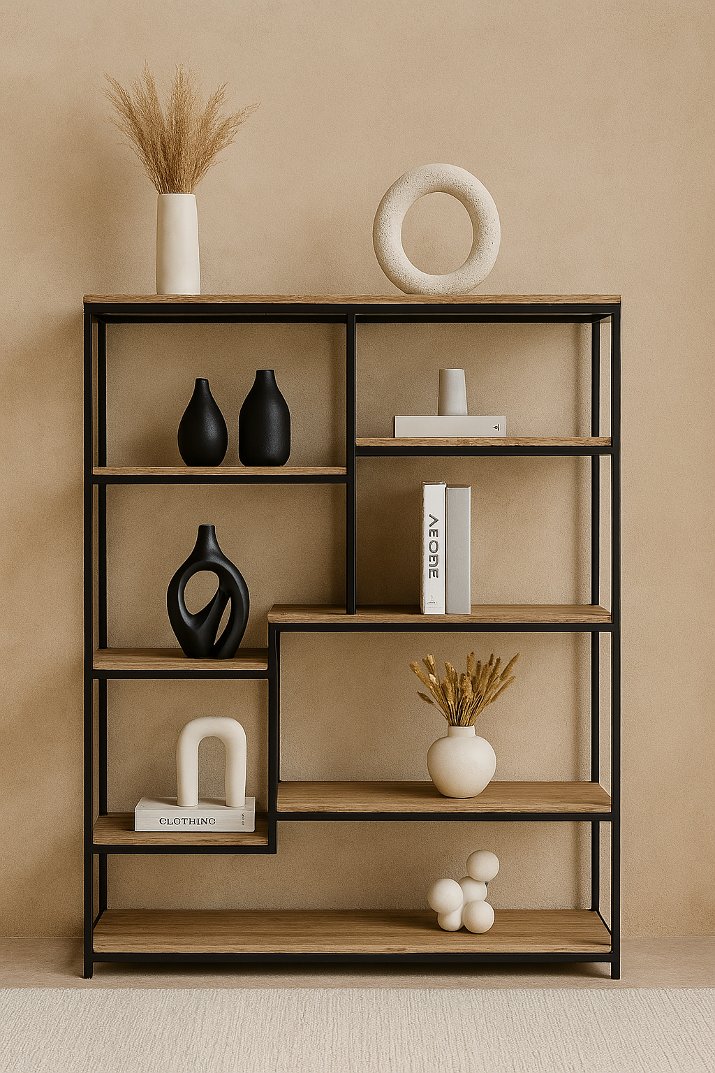 Italian modern stepped oak and black metal display shelf with geometric open structure