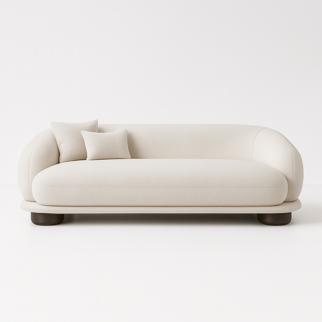 Lucerne 3-seater sofa in ivory boucle with dark walnut wooden base – The Meem Store