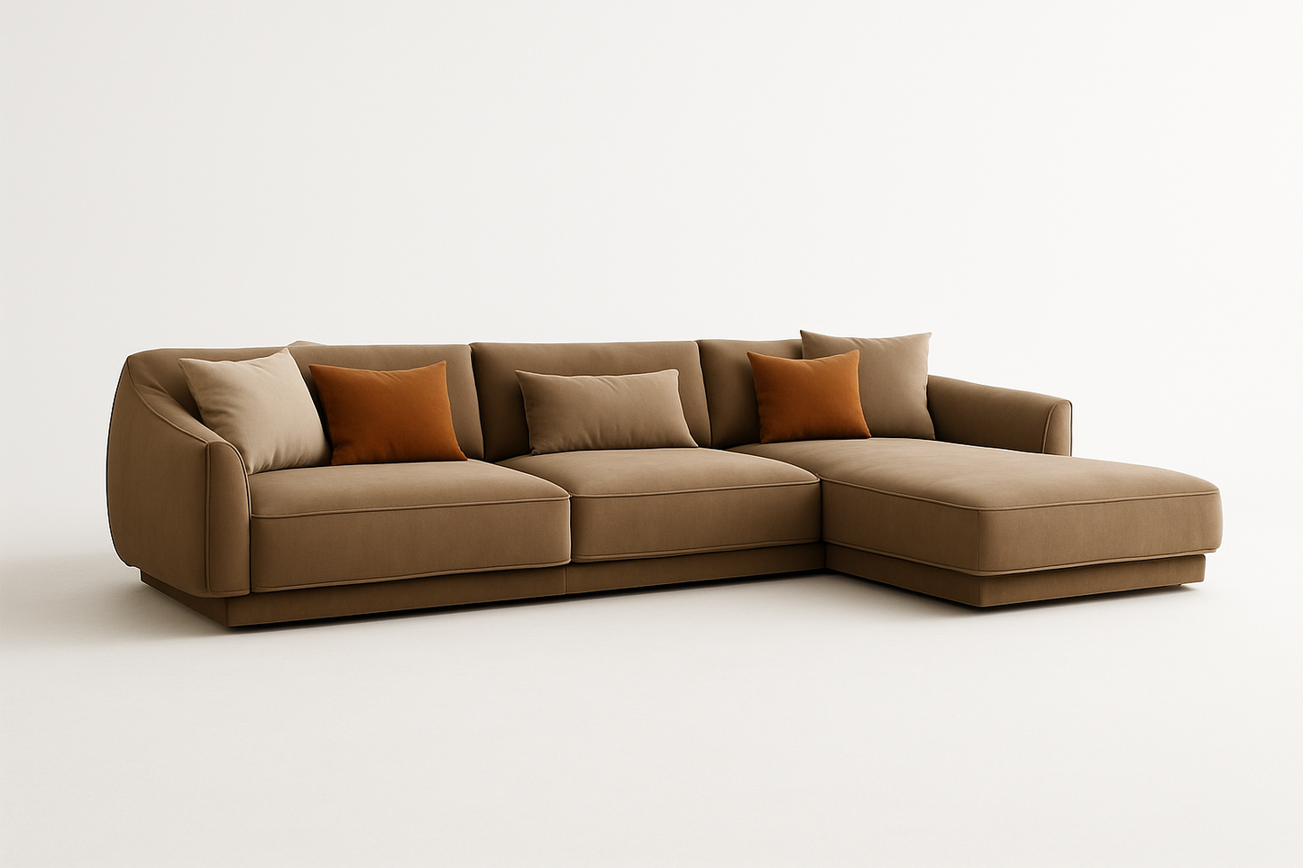 Lusverra sectional sofa in mocha brown velvet fabric with walnut base – The Meem Store
