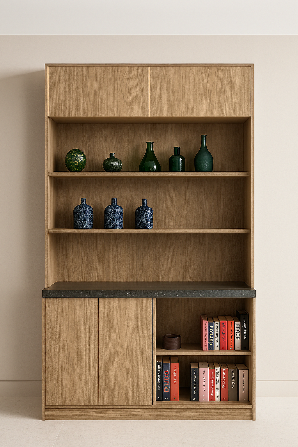 Tall oak cabinet with open shelving and matte slate countertop in modern luxury style