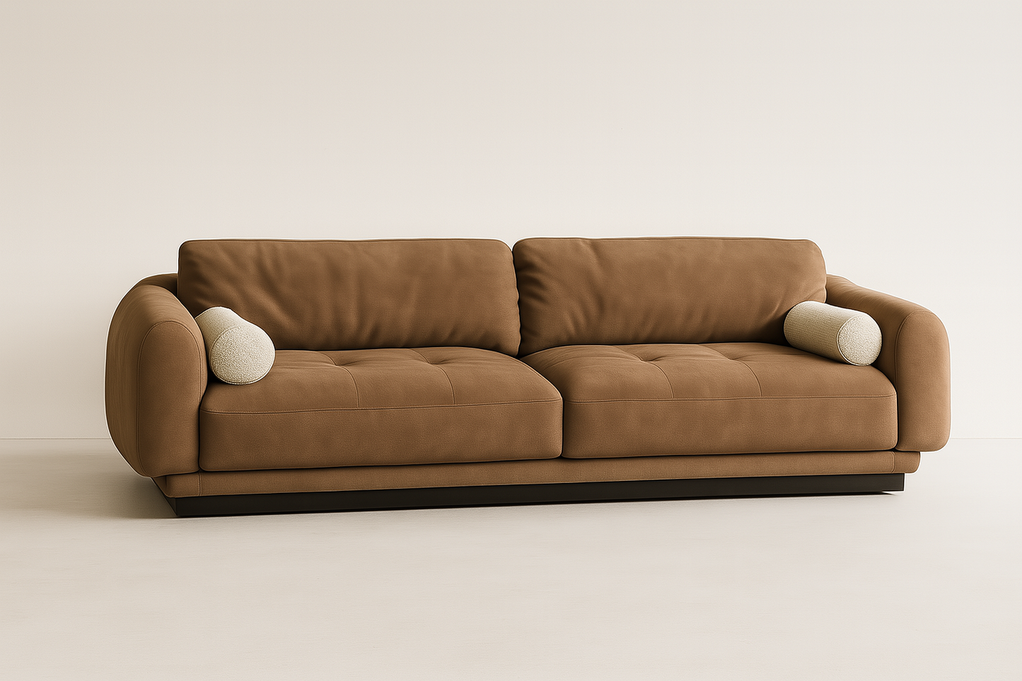 Marzella 4-seater sofa in saddle-brown suede fabric with espresso wood base – The Meem Store