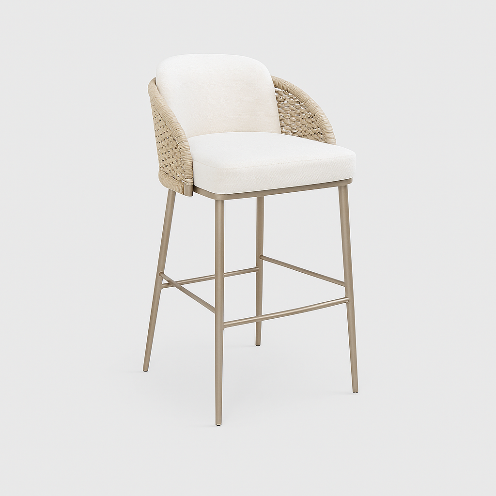 Mavik Bar Stool with rattan backrest and beige fabric seat – The Meem Store