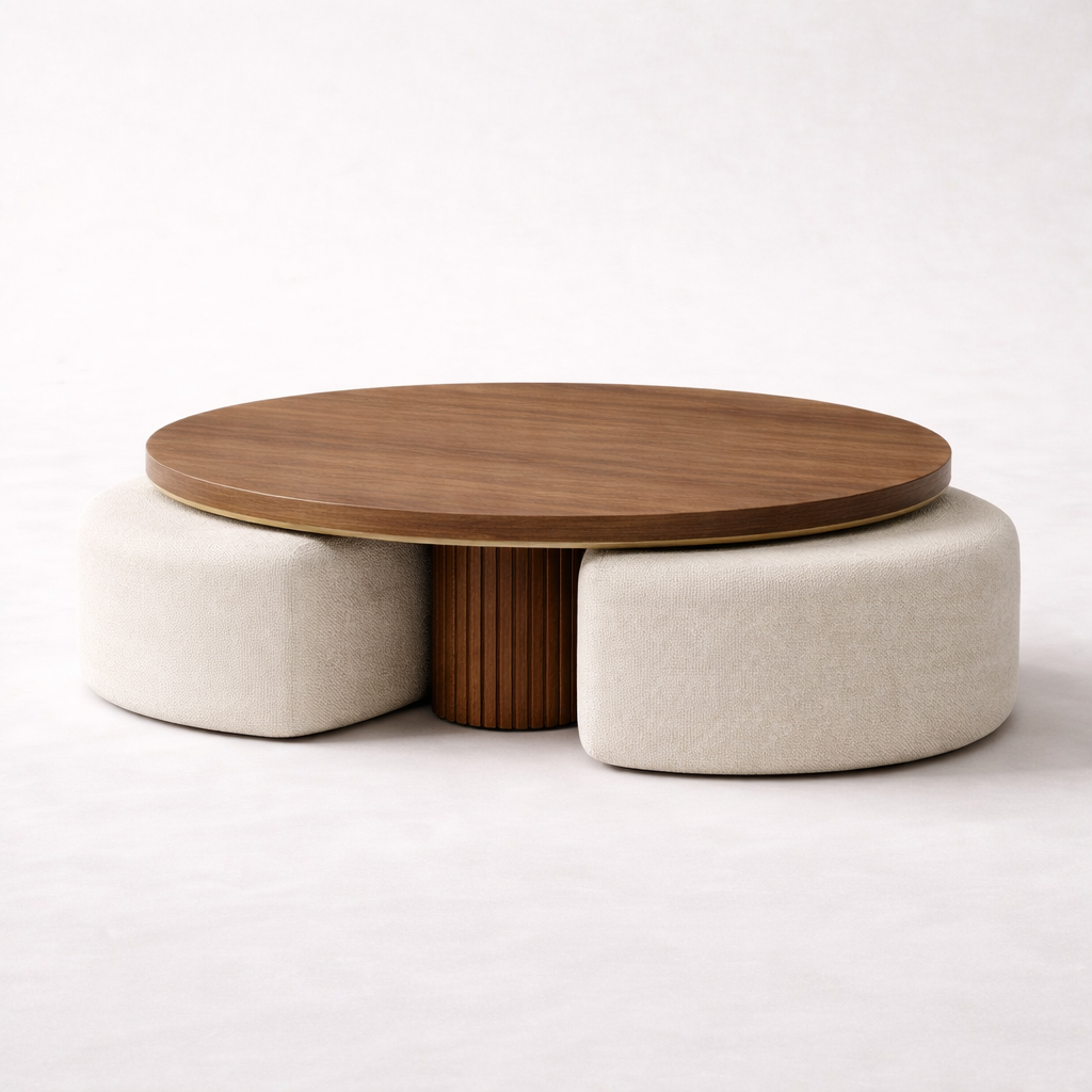 Contemporary round lounge table with hidden ottoman seating