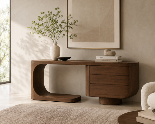 Forma Cavaro sculptural walnut desk console with curved architectural frame