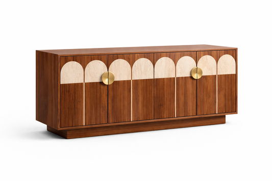 Modern European storage console cabinet with travertine arch detailing