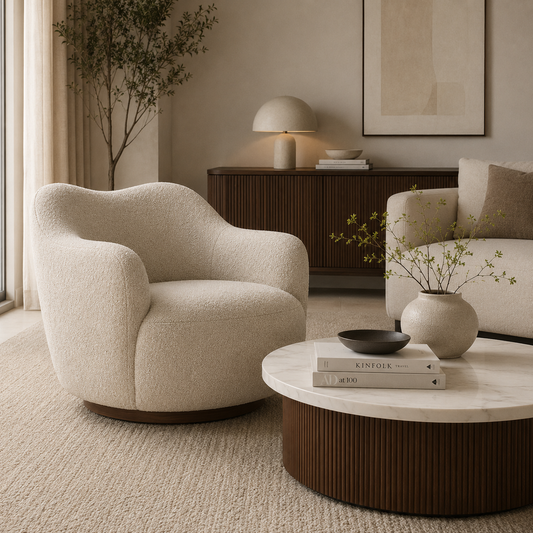 Italian-inspired boucle lounge chair in neutral tones