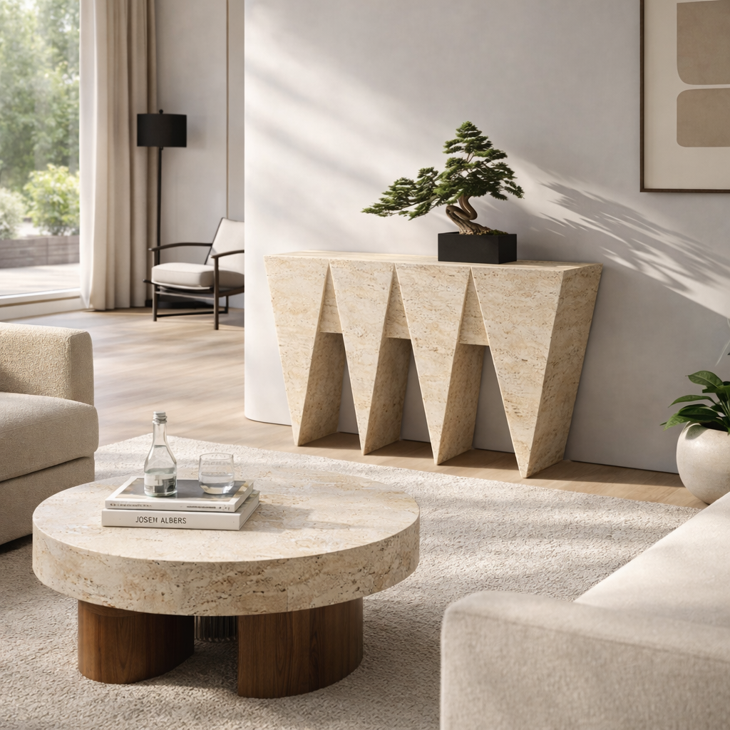 Modern full travertine sculptural console table with angular base luxury entryway furniture UAE