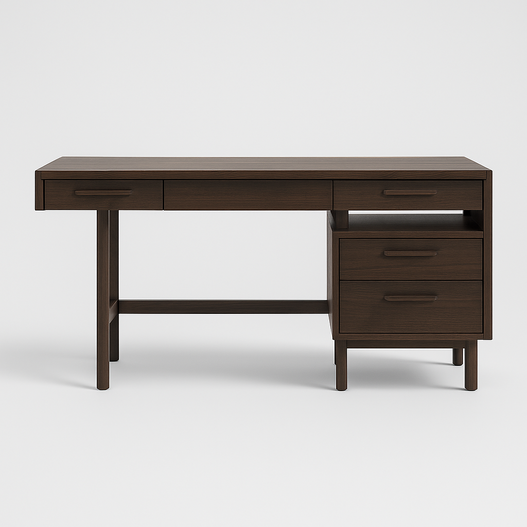 Meridian Executive Desk in dark walnut veneer with drawers and open shelf – The Meem Store