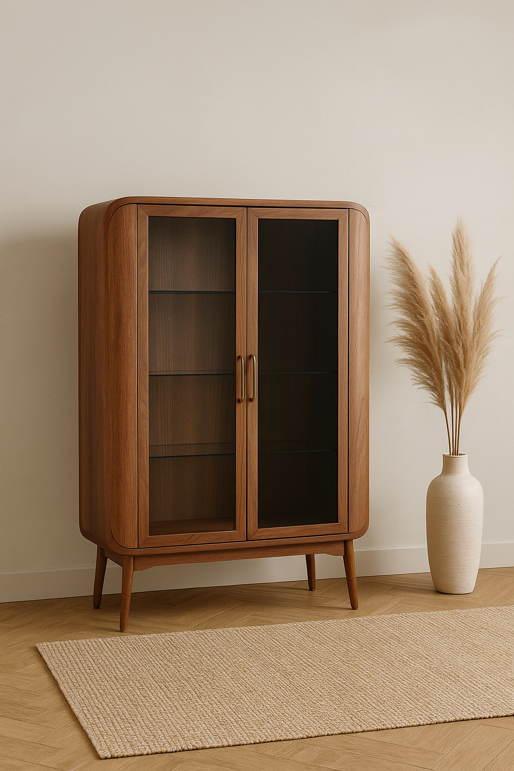 Walnut modern cabinet with rounded edges, glass doors, and premium brass handles