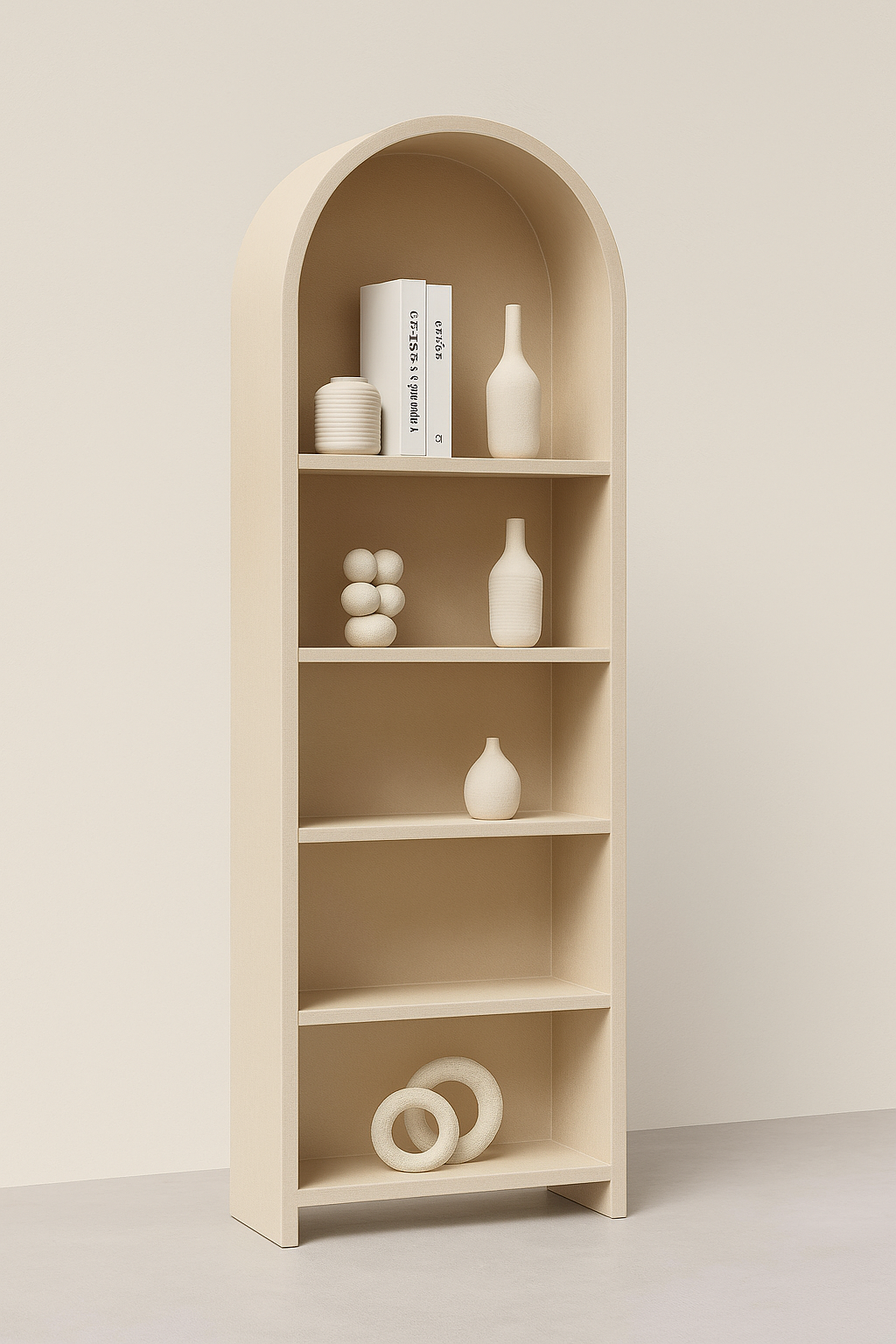 Italian modern arched sand beige wooden display shelf with minimal design and soft matte finish
