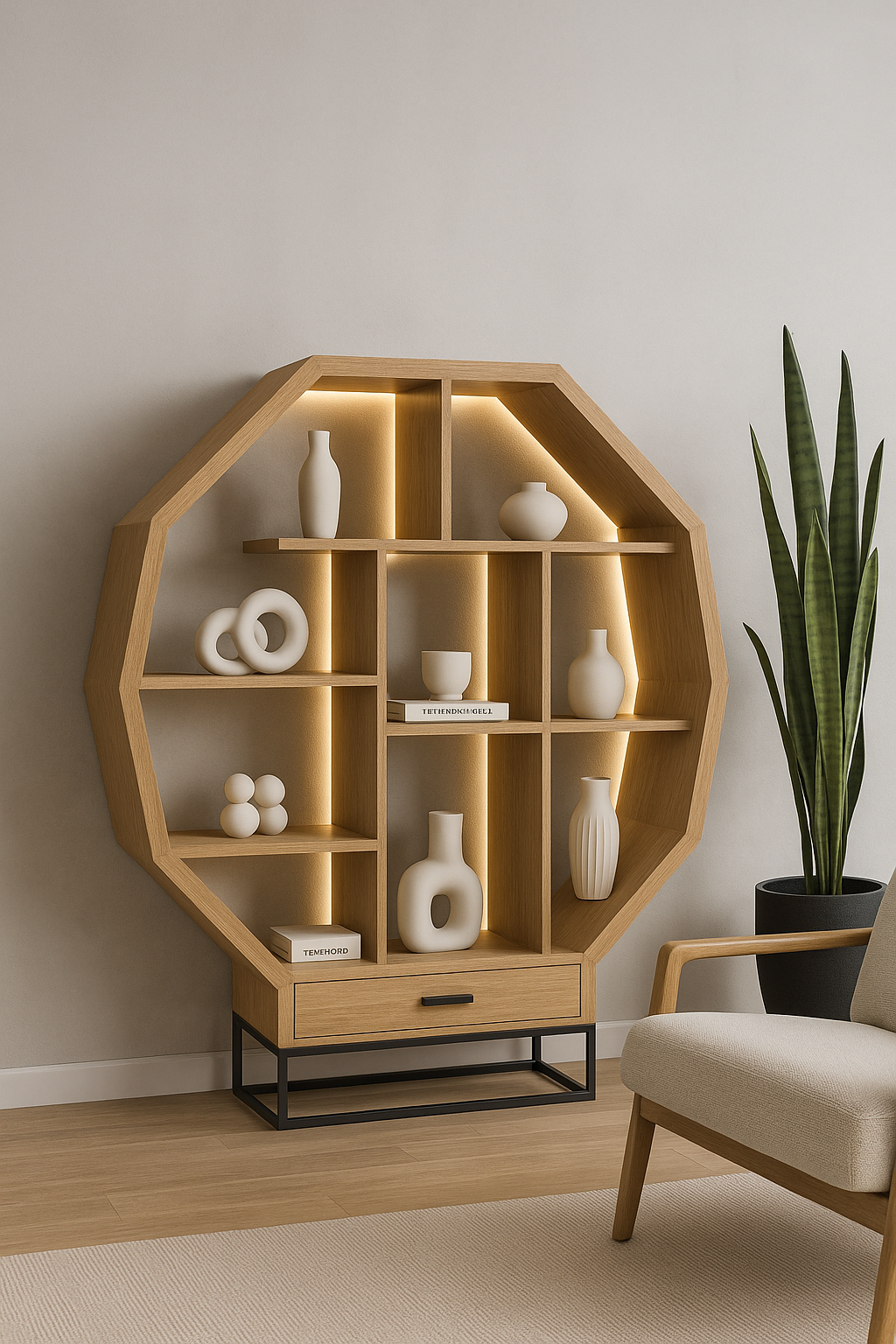 Octagonal oak display shelf with LED backlighting and black metal base in a modern sculptural design