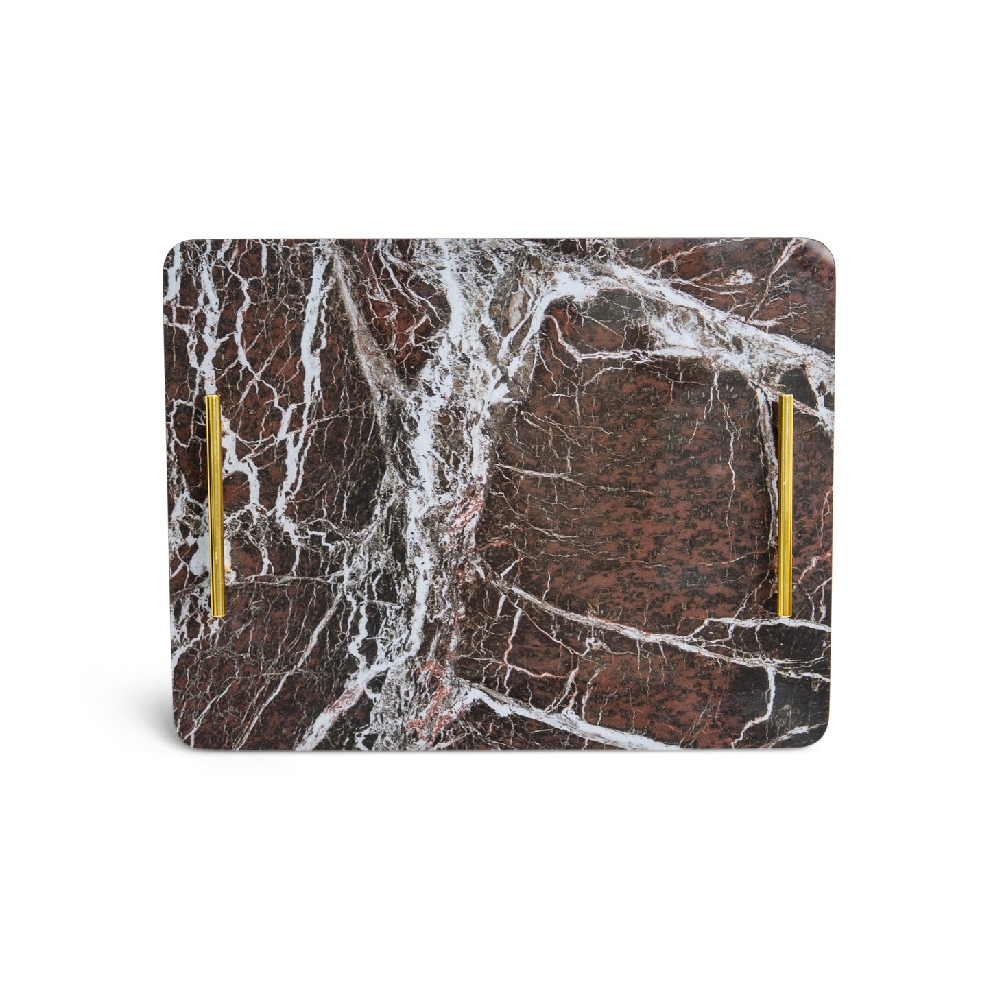 Luxury red porcelain tray with marble-inspired veining and brushed-gold handles – The Meem Store