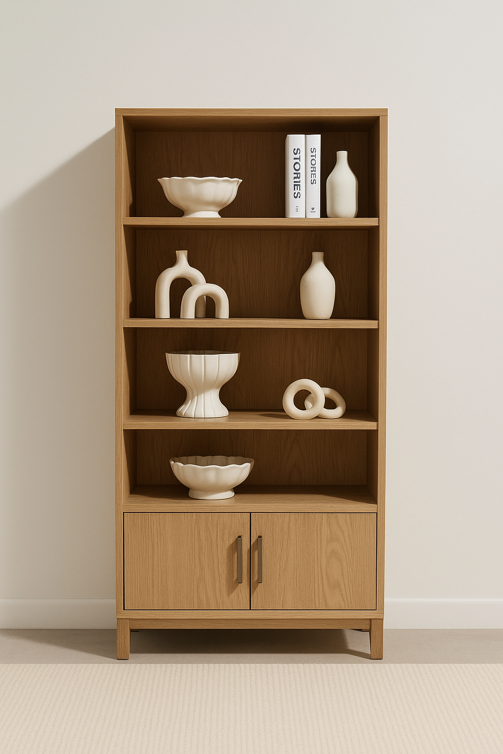 Italian modern oak display shelf with lower cabinet and soft minimal design