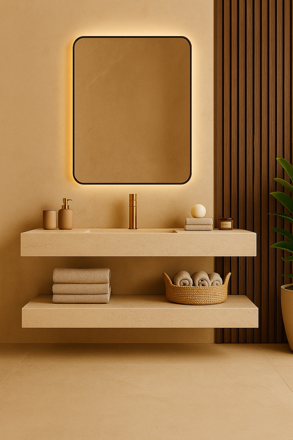 Sand-beige floating stone vanity with under-mount sink, gold faucet, wood slat wall, and backlit square mirror in a warm modern bathroom.
