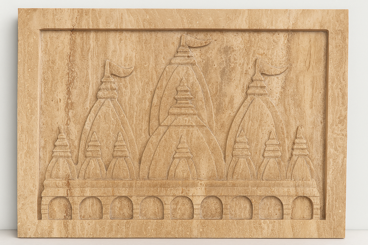 Hand-carved travertine marble mandir wall panel with temple design – The Meem Store