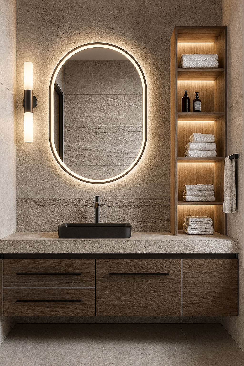 Warm stone vanity with walnut drawers, matte black basin, oval LED mirror and illuminated shelving in modern minimal luxury bathroom.