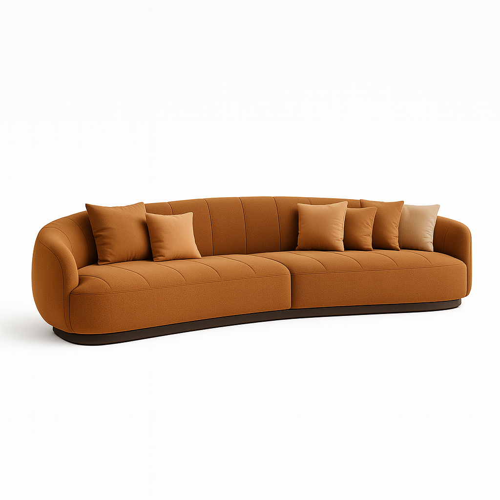 Solvéra sectional sofa in amber rust fabric with espresso wooden base – The Meem Store