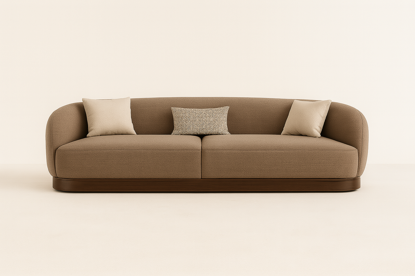 Sorrento 4-seater sofa in mocha textured fabric with solid walnut wooden base – The Meem Store