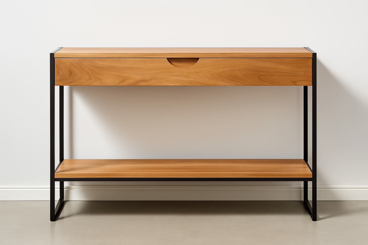 Taverno Console Table in natural wood with matte black metal frame, featuring a drawer and open shelf – The Meem Store