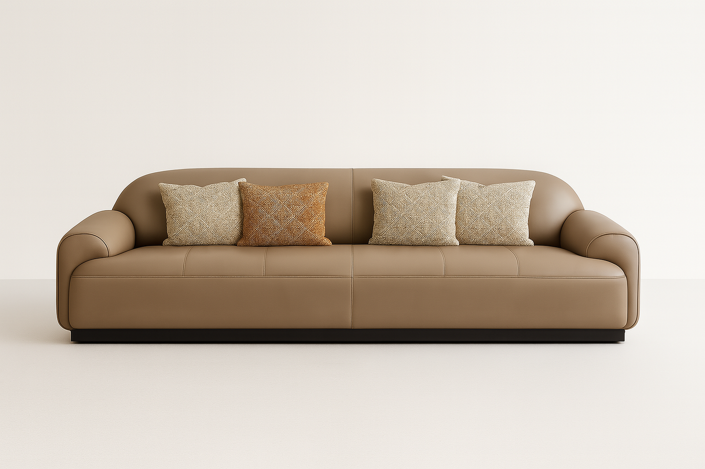 Valenza 4-seater sofa in camel leather with espresso wooden base – The Meem Store