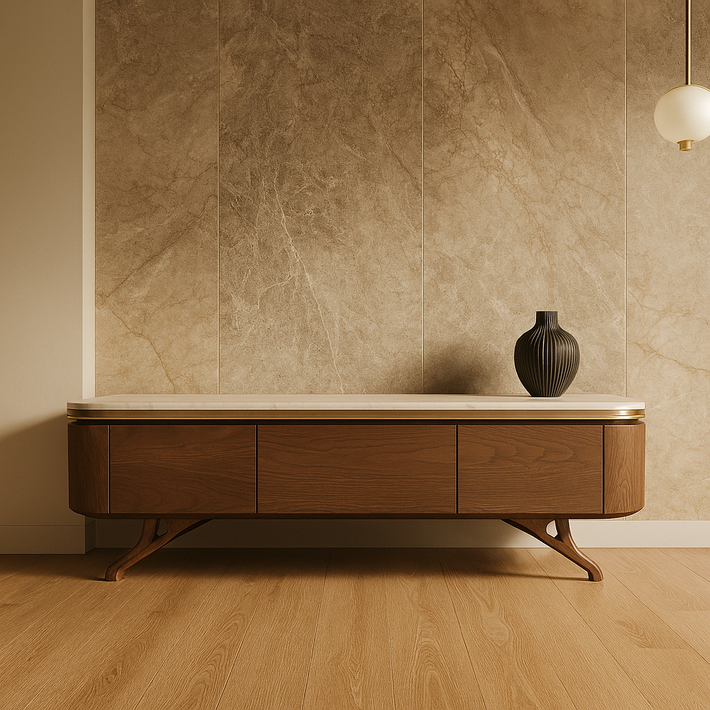 Varenza Media Console with white marble top, walnut wood body, and brass accents – The Meem Store