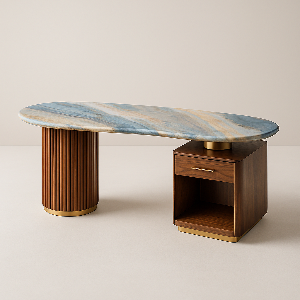 Vellario Executive Desk with rare Italian blue-gold marble top and walnut base – The Meem Store