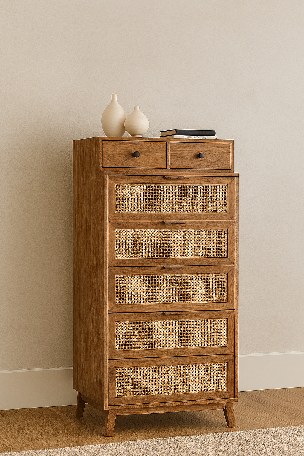 Warm oak tallboy cabinet with woven cane drawer fronts and minimal modern design