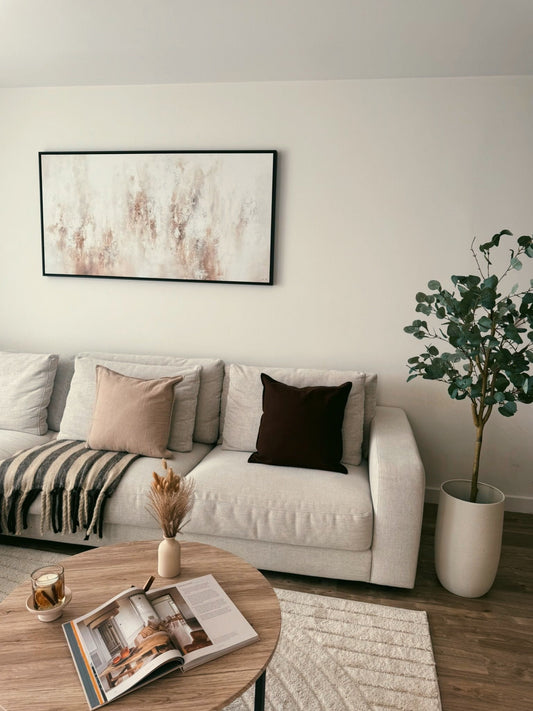 Luxury warm neutral living room with Italian inspired furniture in Dubai UAE