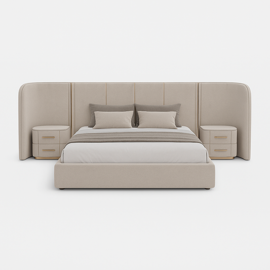 Hala Super King Bed with extended wing headboard and champagne upholstery – The Meem Store