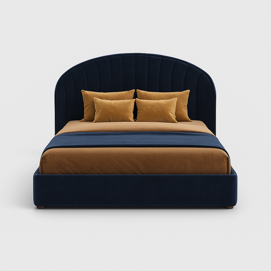Velora Super King Bed in navy blue velvet with curved headboard and caramel bedding – The Meem Store
