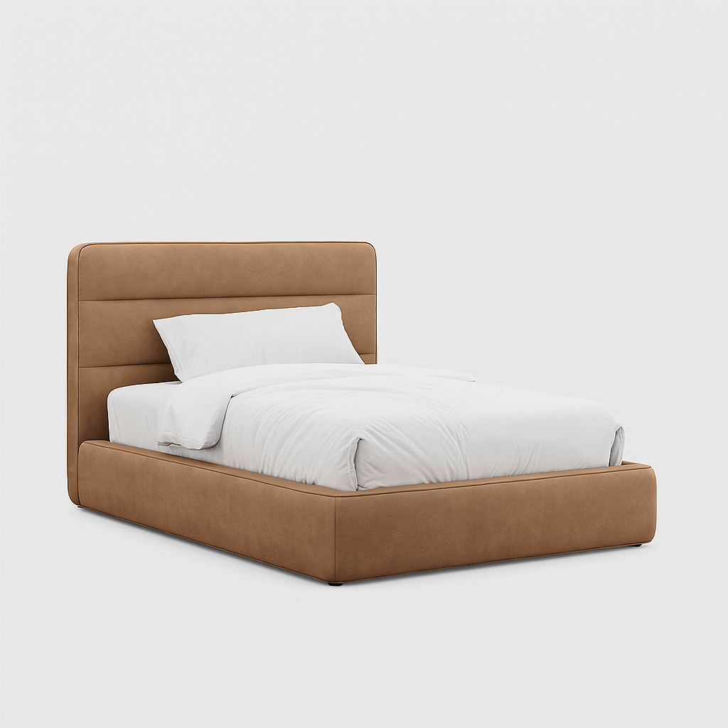 Alison channel single bed frame in camel-tan synthetic leather, 90 × 190 cm – The Meem Store
