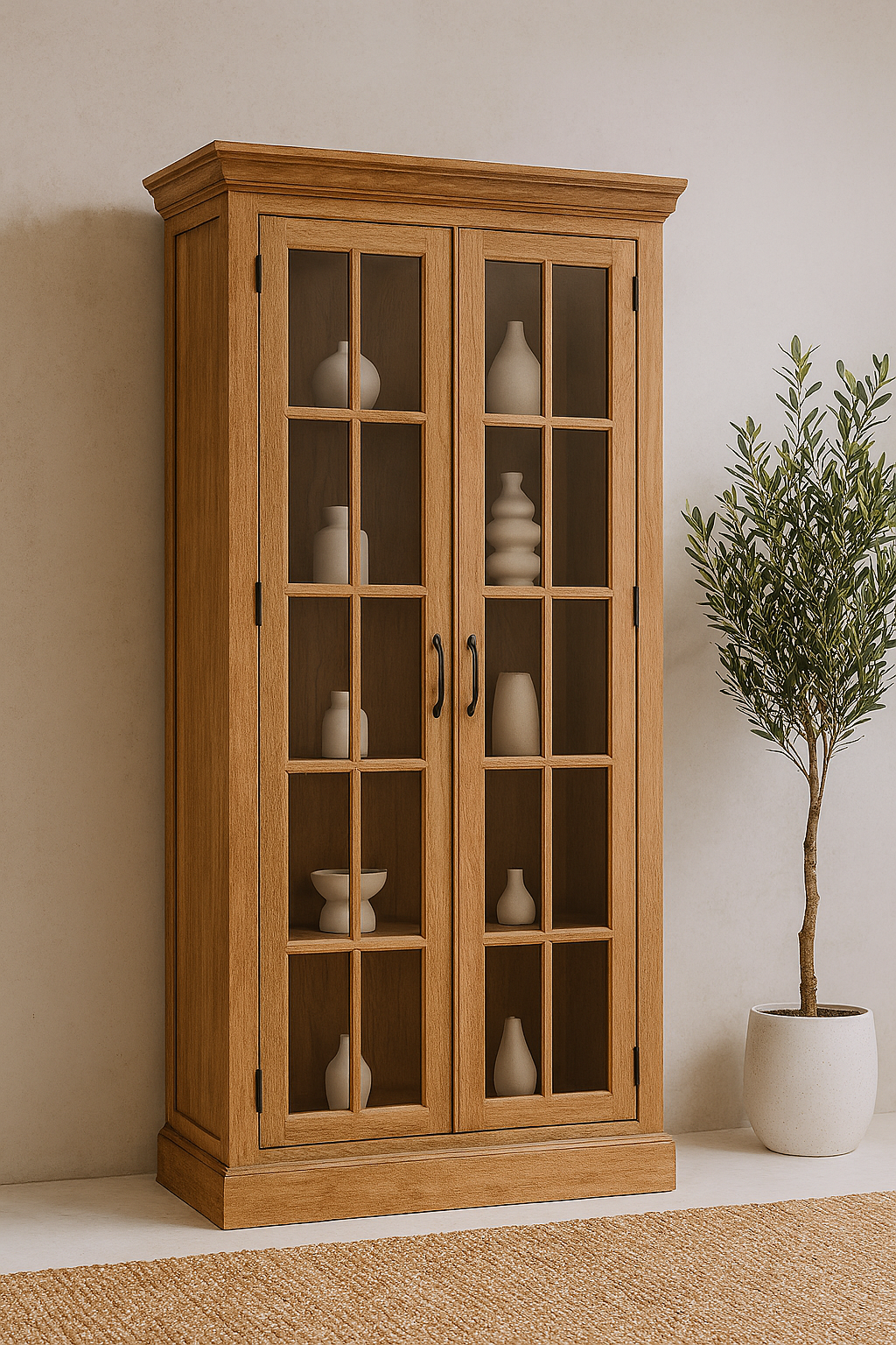 Oak cabinet with grid glass doors and classic moulded frame in modern luxury style