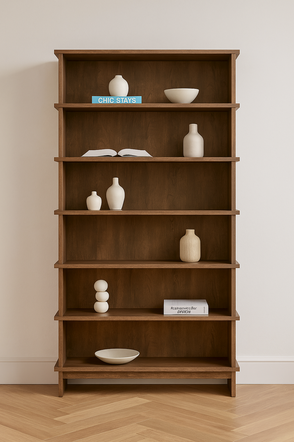 Italian walnut wooden display shelf with minimal linear design and open shelving for books and decor