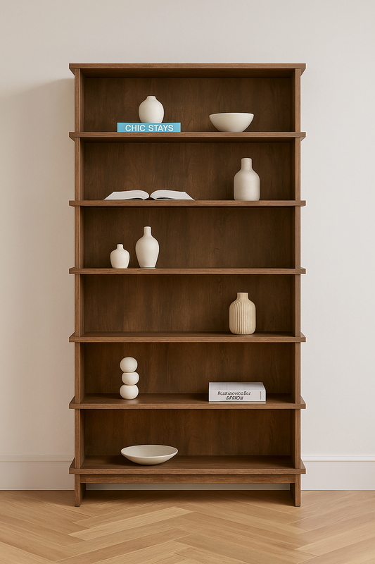 Italian walnut wooden display shelf with minimal linear design and open shelving for books and decor