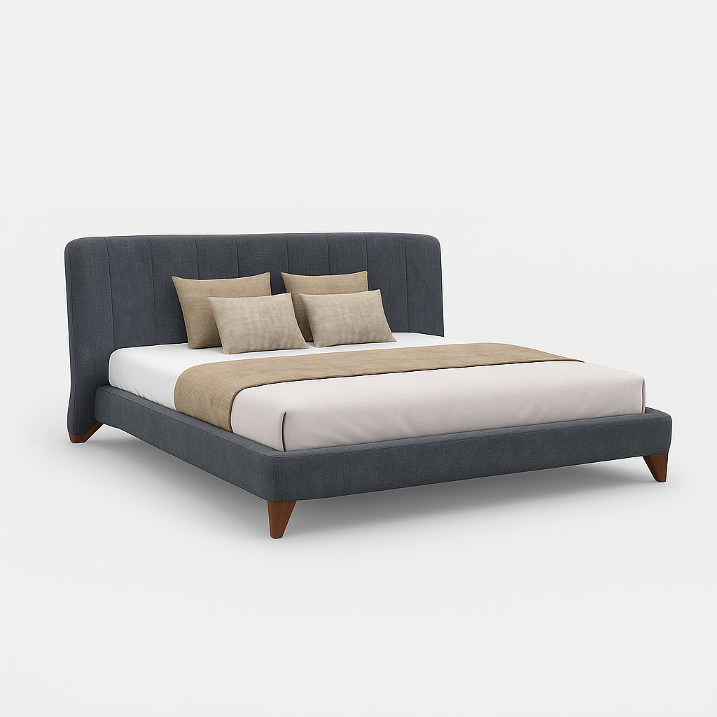 Arden king bed in charcoal fabric with walnut legs and curved headboard, 195 × 200 cm – The Meem Store