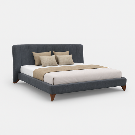 Arden king bed in charcoal fabric with walnut legs and curved headboard, 195 × 200 cm – The Meem Store