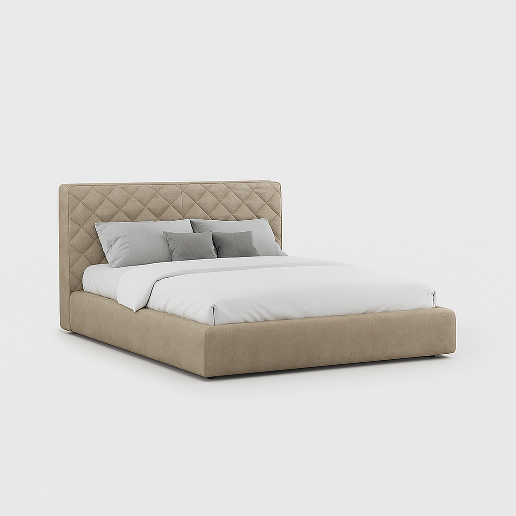 Arden queen bed in camel synthetic leather with quilted headboard design, 160 × 190 cm – The Meem Store