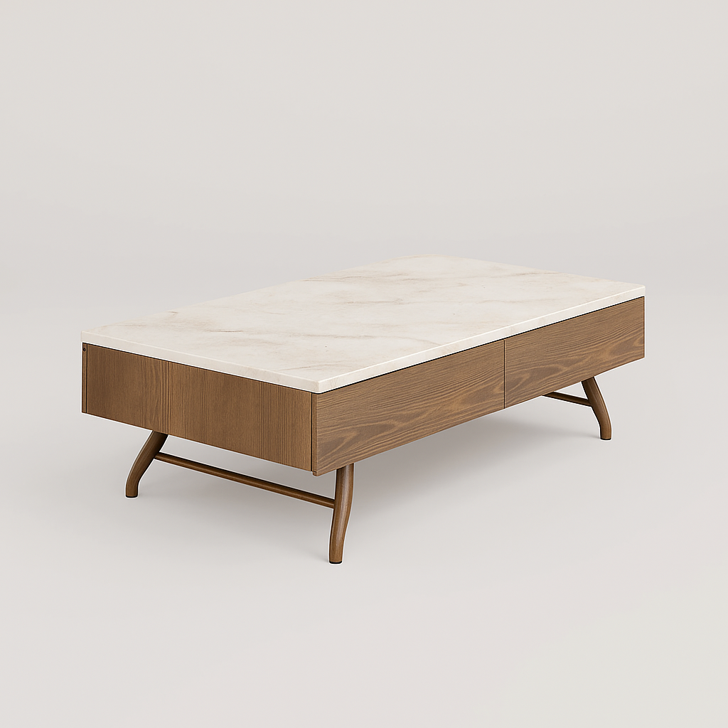 Ardena Coffee Table with travertine marble top, walnut wood body, and brass metal legs – The Meem Store